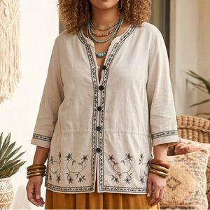 Vintage Embroidered Silk Linen Bohemian Lagenlook Artsy Button Up Blouse Sz 14W